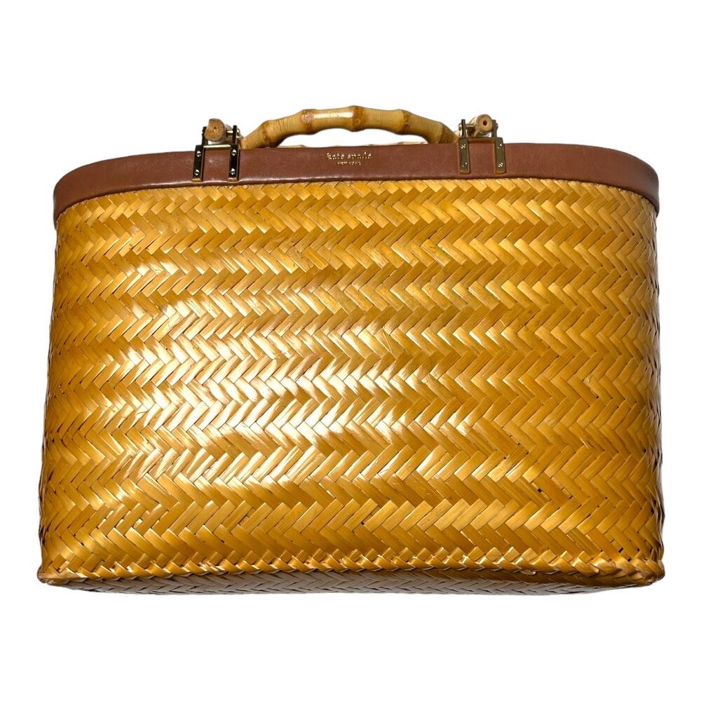 Kate Spade Large Tote Bag Tan Rare Woven Basket Purse Bamboo Handles Dust Bag